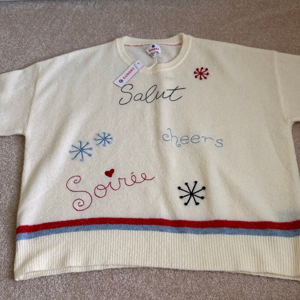 NWT SUNDRY Salut Cheers Soirée Embroidered Sweater Ivory Size Small - Picture 1 of 4